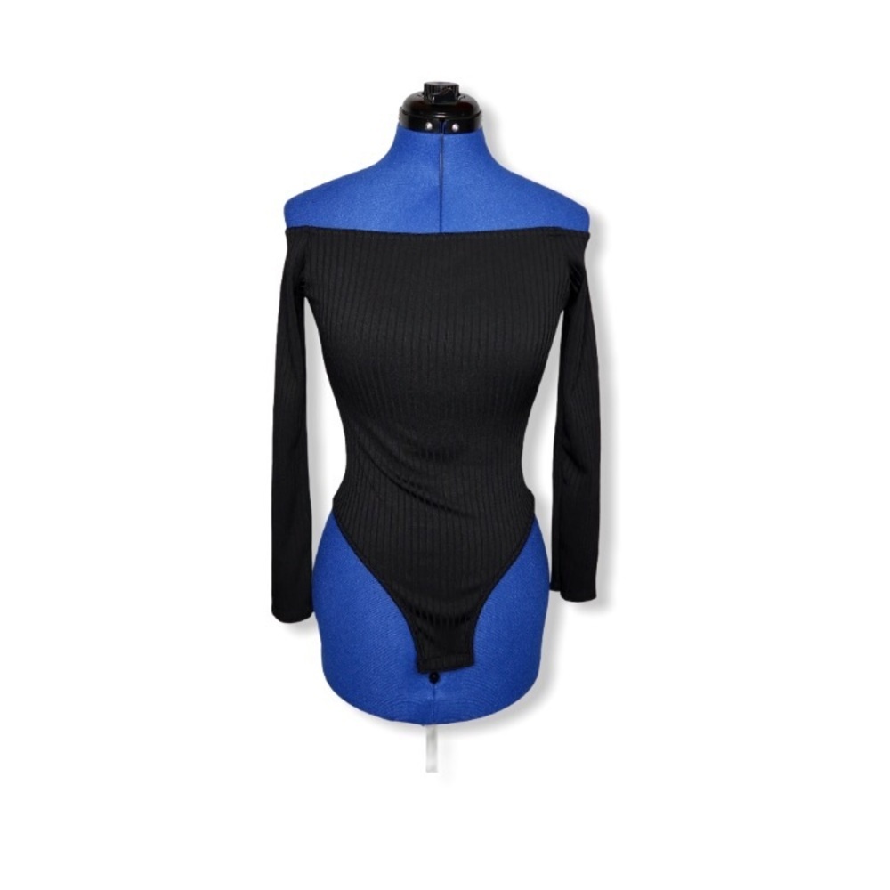 Black Ribbed Off Shoulder Bodysuit From PLT